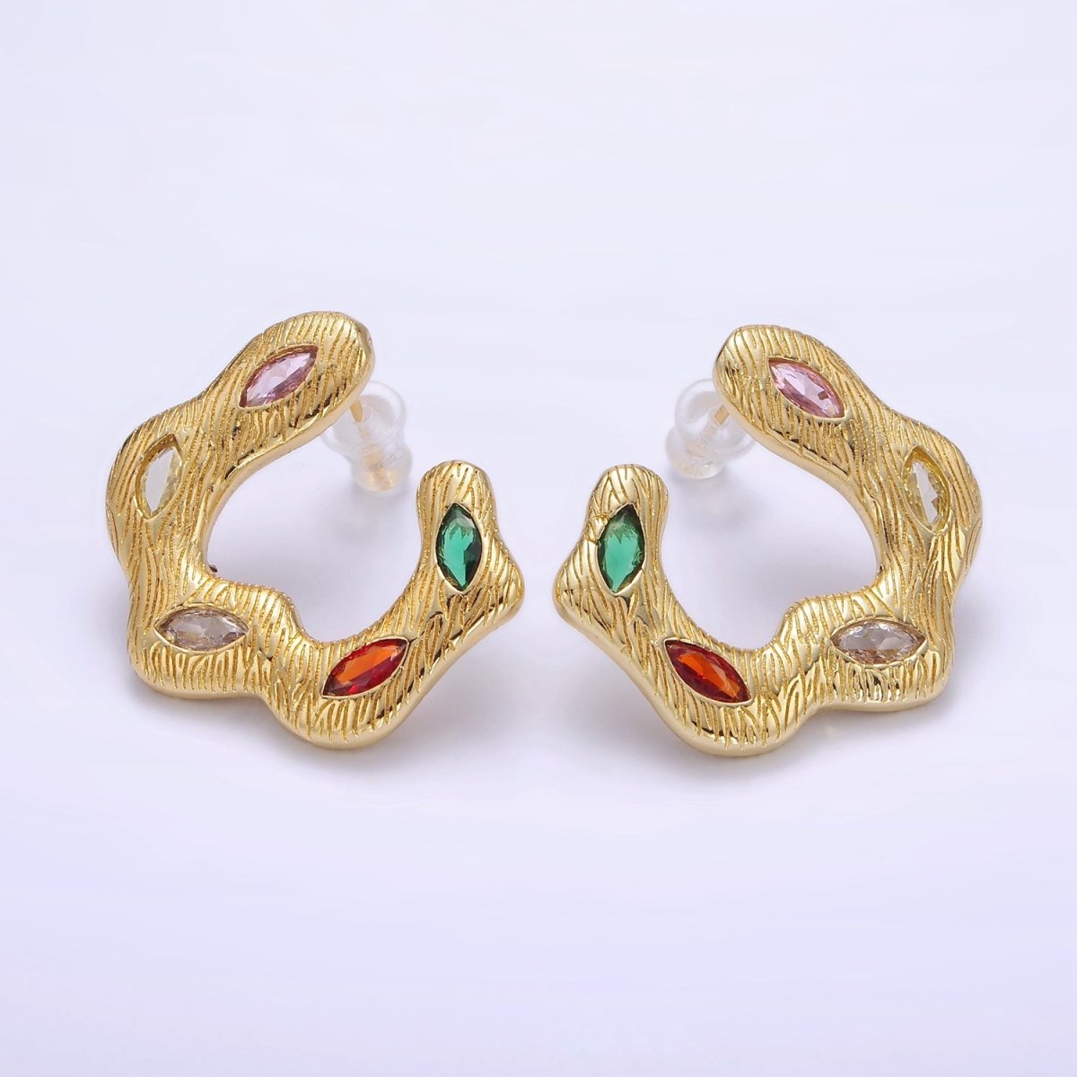 24K Gold Filled Multicolor Marquise CZ Wavy Line-Textured Stud Earrings Set | P526