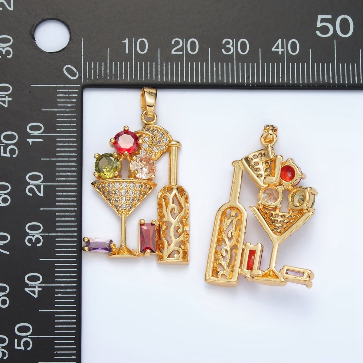 24K Gold Filled Multicolor Micro Paved Baguette CZ Martini Wine Alcohol Drinks Pendant | I708