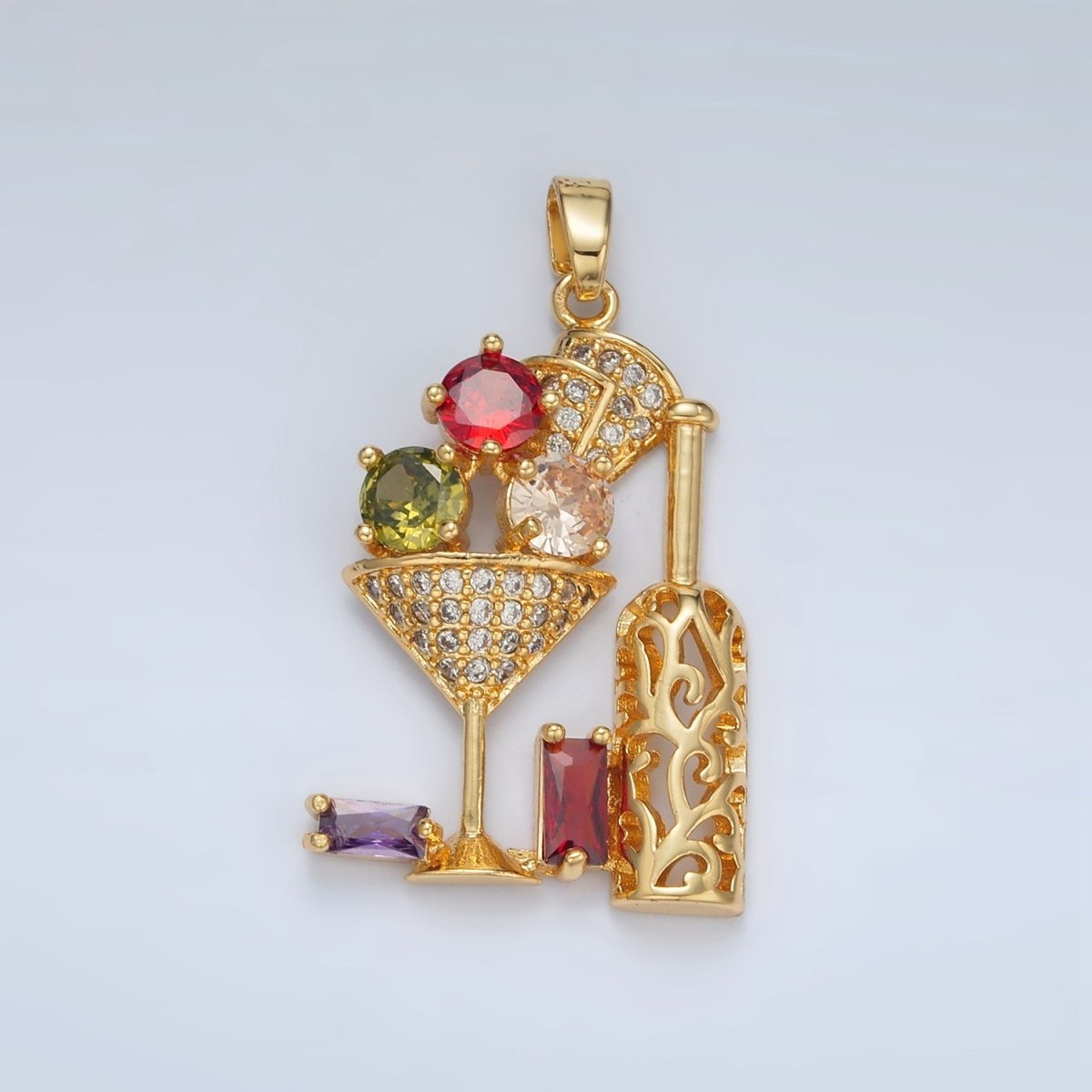 24K Gold Filled Multicolor Micro Paved Baguette CZ Martini Wine Alcohol Drinks Pendant | I708