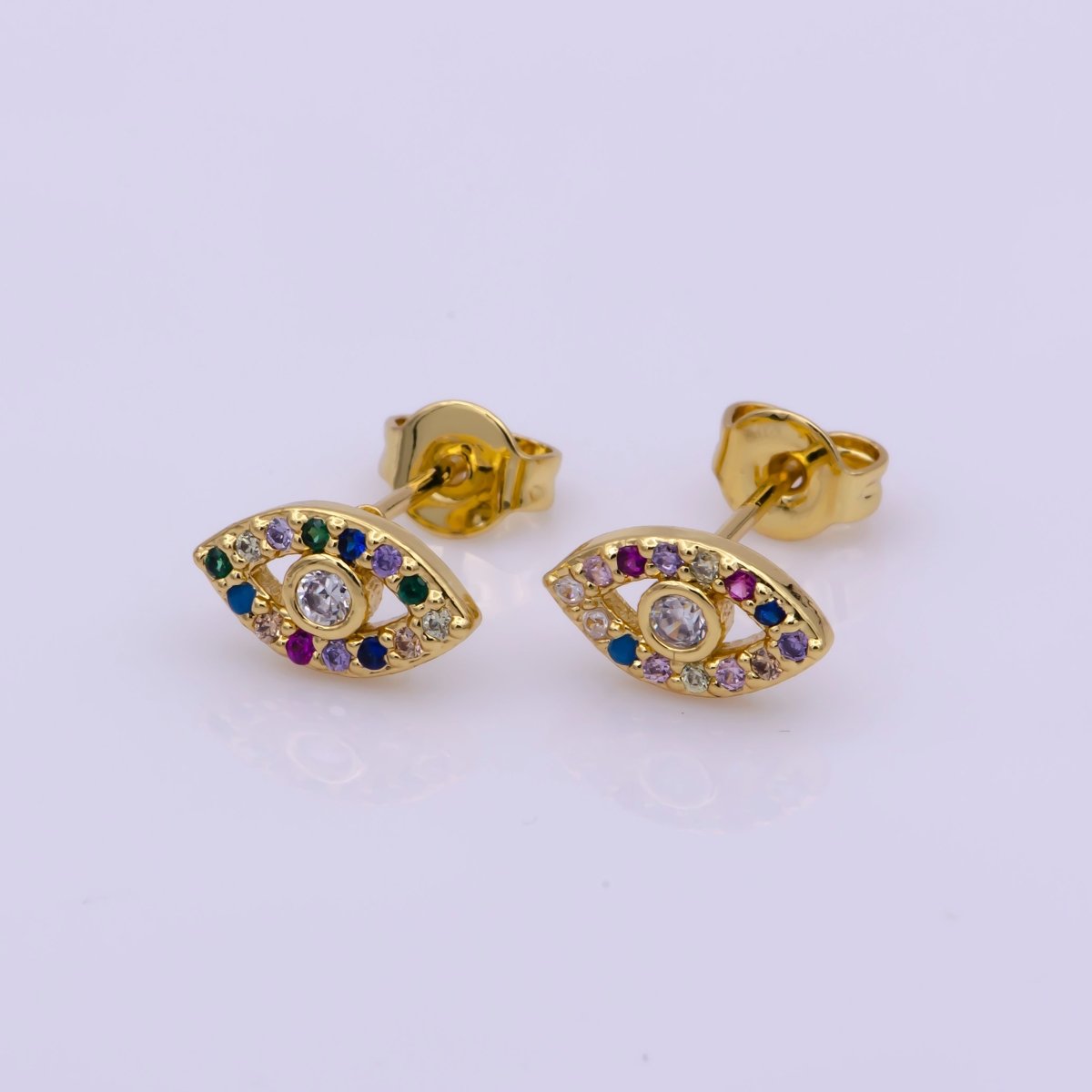 24K Gold Filled Multicolor Micro Paved CZ Evil Eye Stud Earrings | AB1184