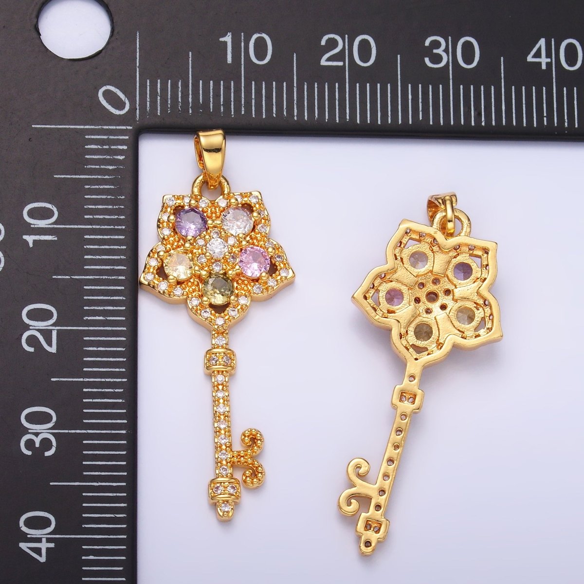 24K Gold Filled Multicolor Micro Paved CZ Flower Fleur Key Pendant | AA779