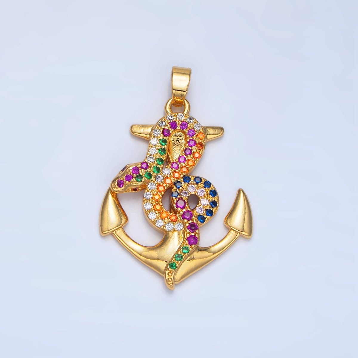 24K Gold Filled Multicolor Micro Paved CZ Snake Anchor Pendant | AA946