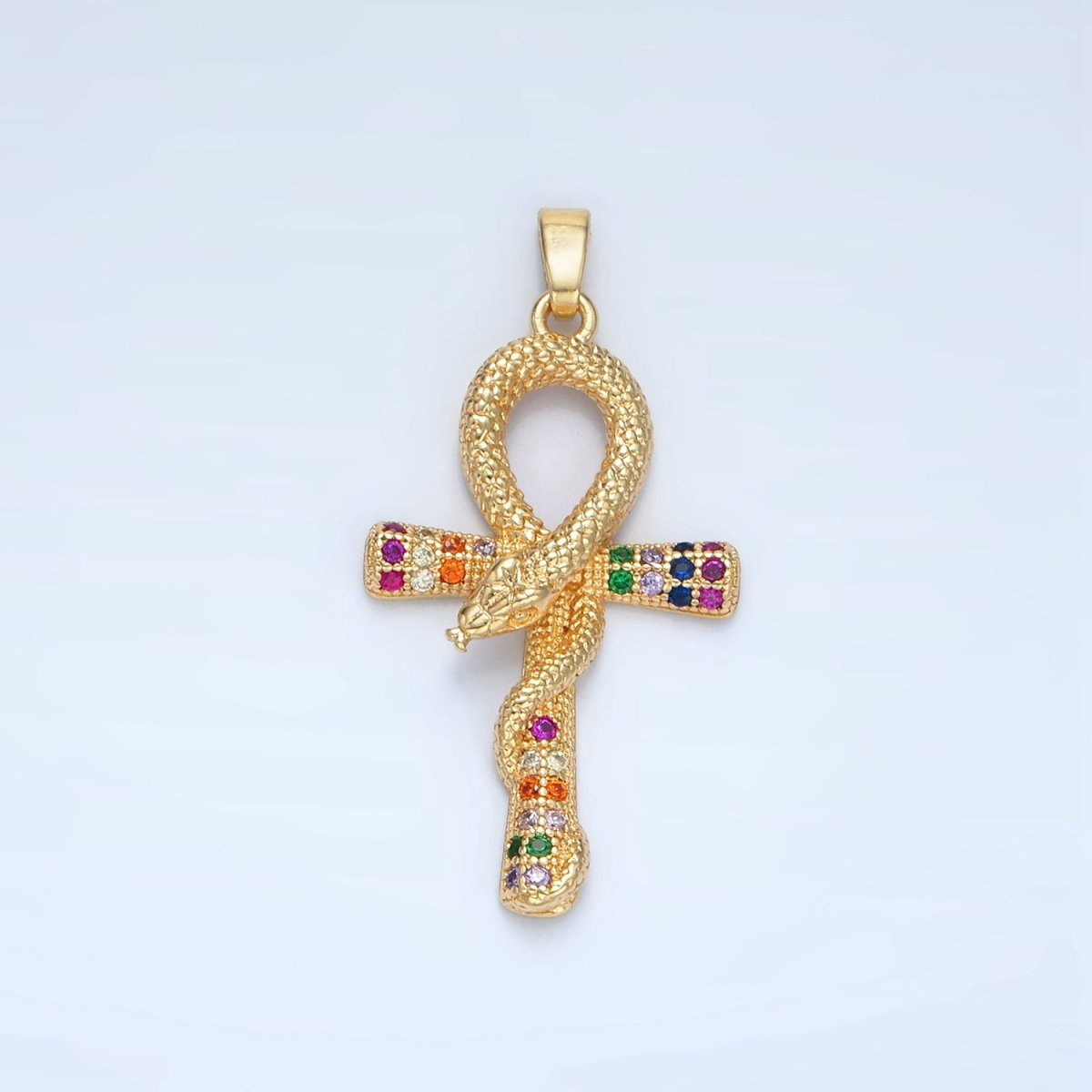 24K Gold Filled Multicolor Micro Paved CZ Snake Ankh Cross Pendant | AA864