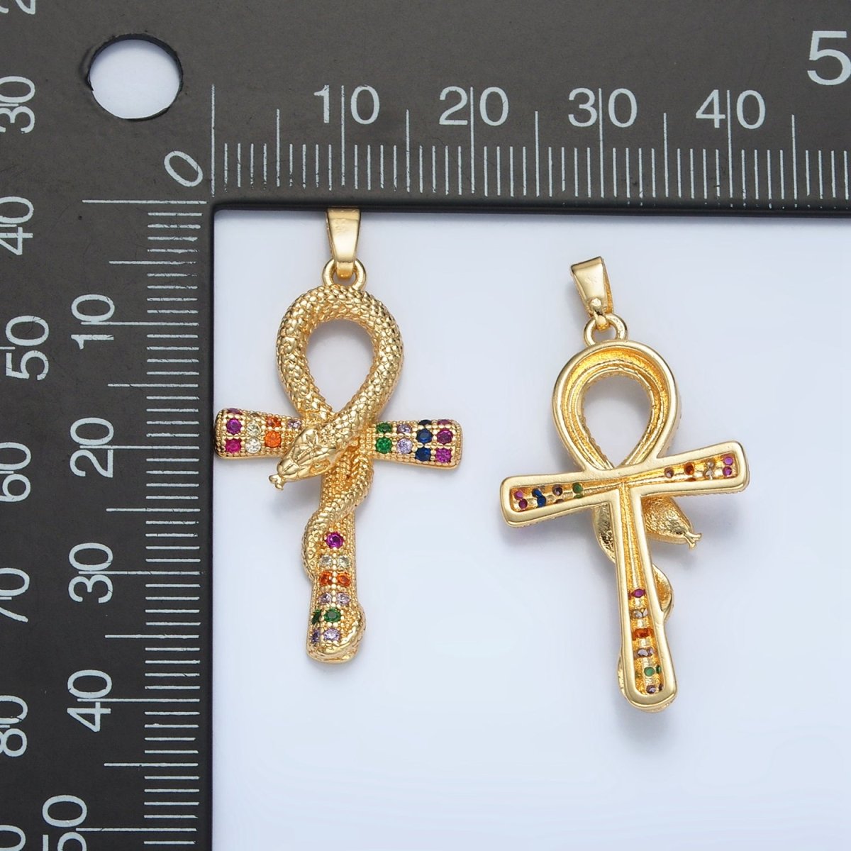 24K Gold Filled Multicolor Micro Paved CZ Snake Ankh Cross Pendant | AA864