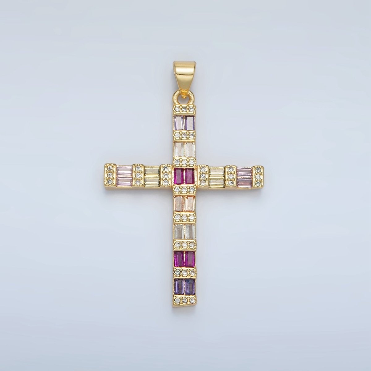 24K Gold Filled Multicolor Pink CZ Baguette Religious Cross Pendant | I255