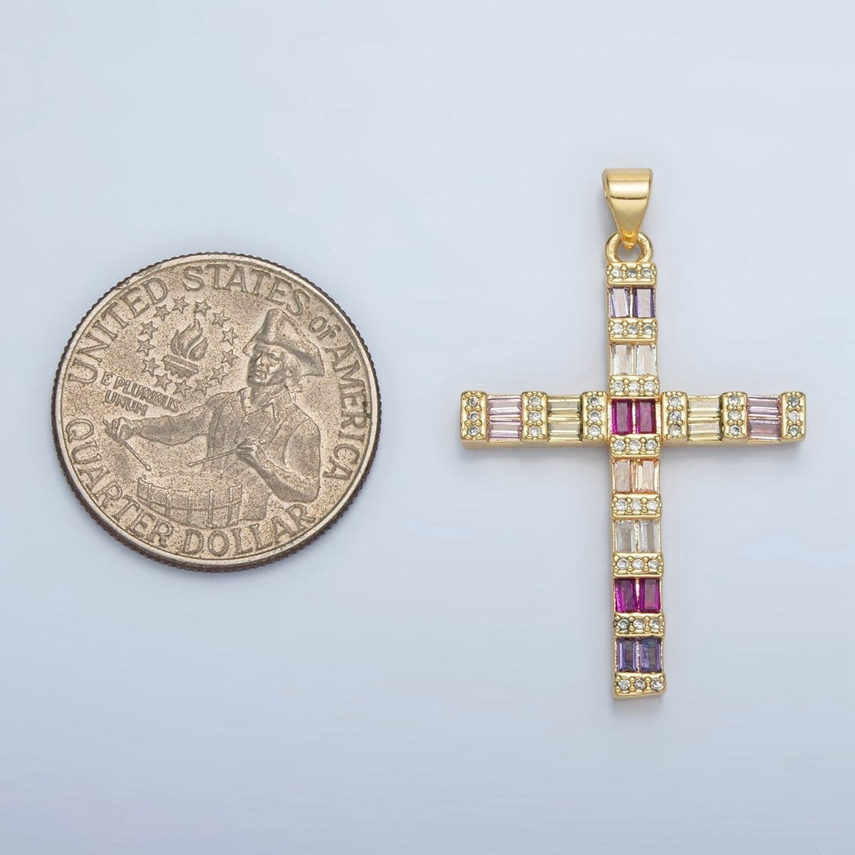 24K Gold Filled Multicolor Pink CZ Baguette Religious Cross Pendant | I255