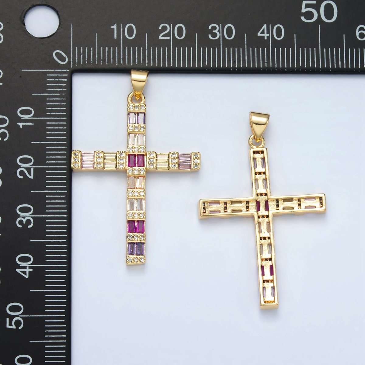24K Gold Filled Multicolor Pink CZ Baguette Religious Cross Pendant | I255