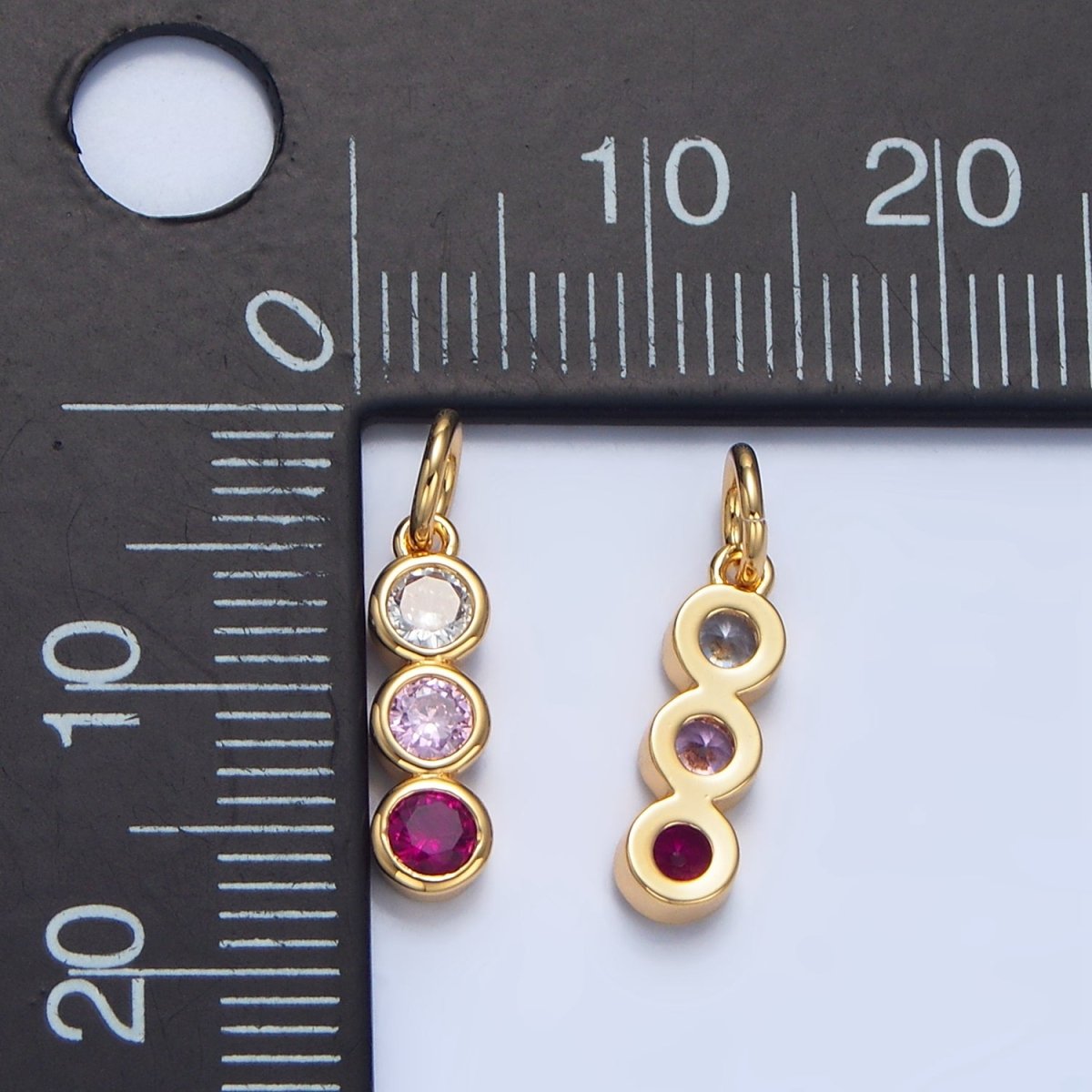 24K Gold Filled Multicolor Pink CZ Round Bezel Linear Charm | X616