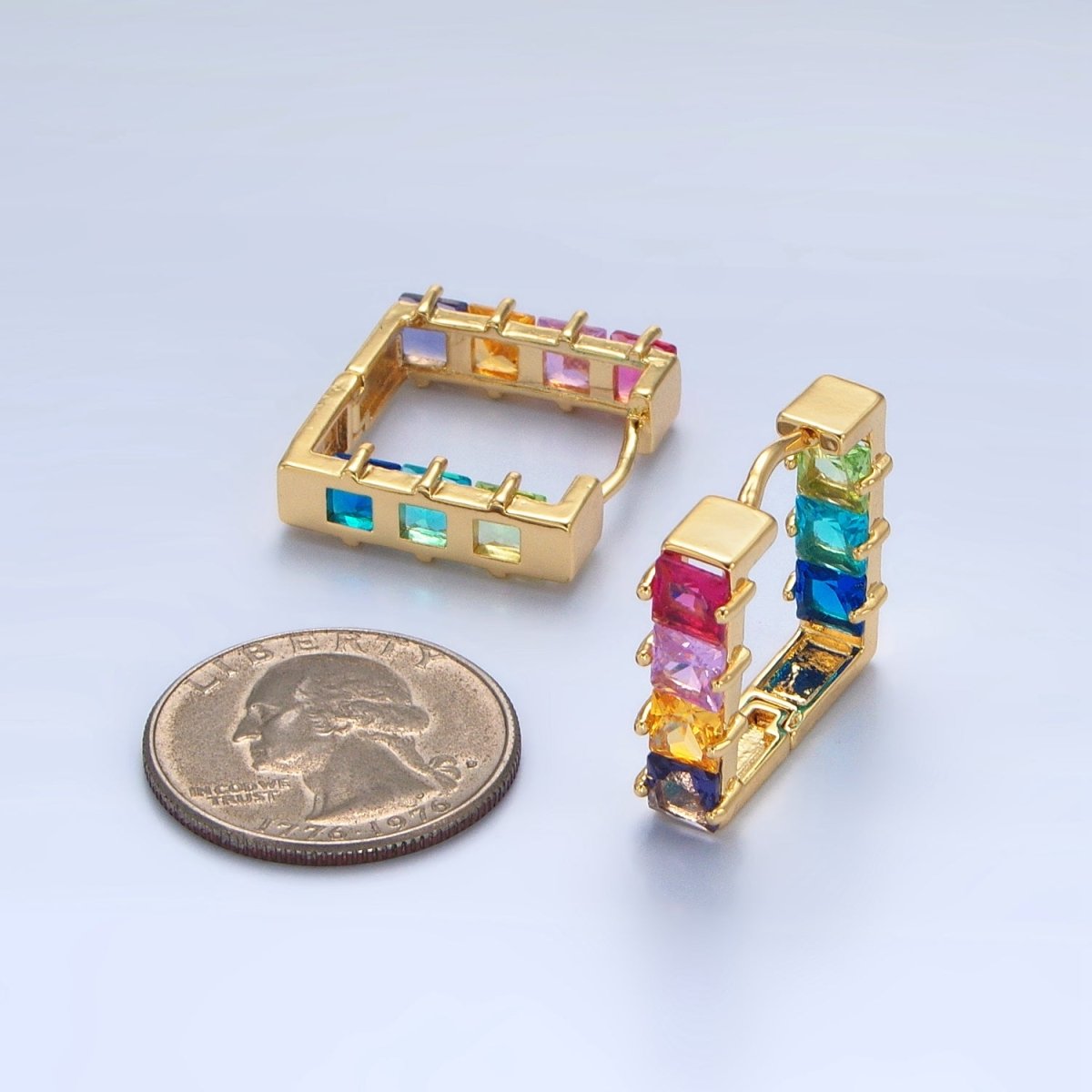 24K Gold Filled Multicolor Square CZ Front-Facing Square Huggie Earrings | AD768