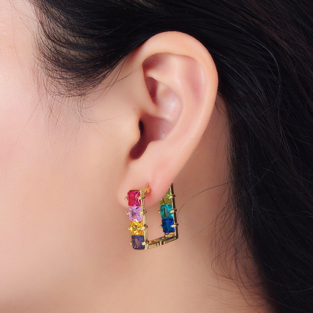 24K Gold Filled Multicolor Square CZ Front-Facing Square Huggie Earrings | AD768