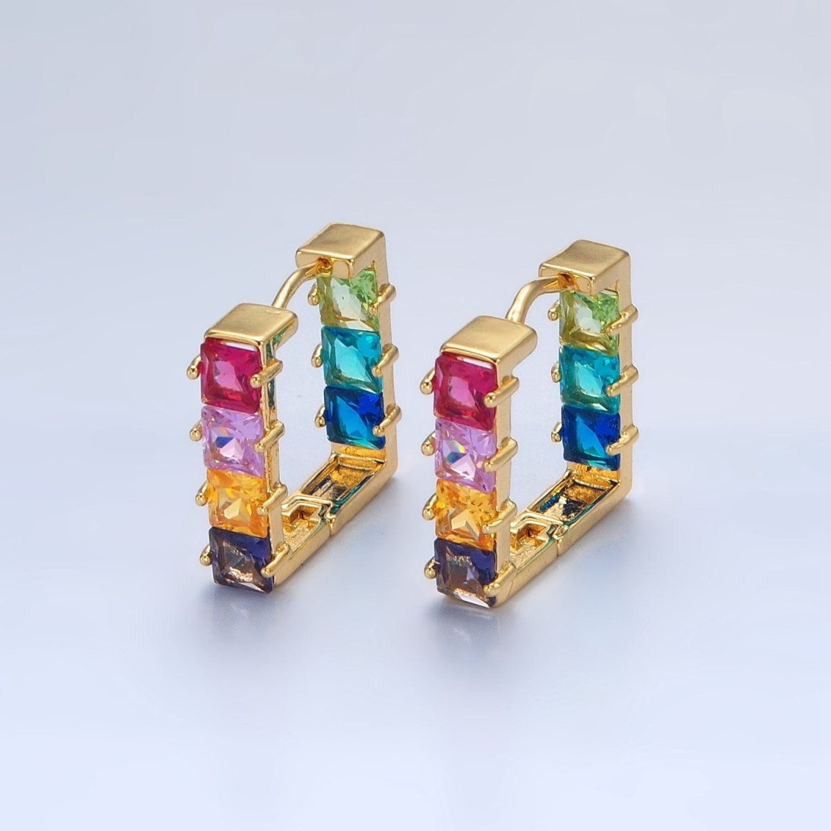 24K Gold Filled Multicolor Square CZ Front-Facing Square Huggie Earrings | AD768