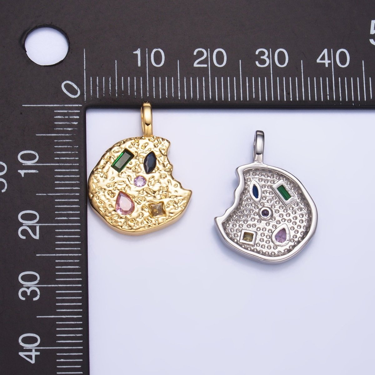 24K Gold Filled Multicolored CZ Textured Cookie Charm in Gold & Silver | AA1092
