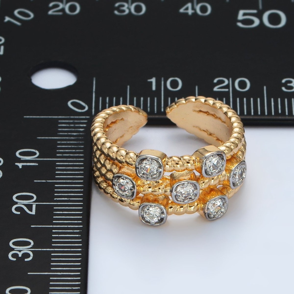 24K Gold Filled Multiple CZ Croissant Band Mixed Metal Ring |O990