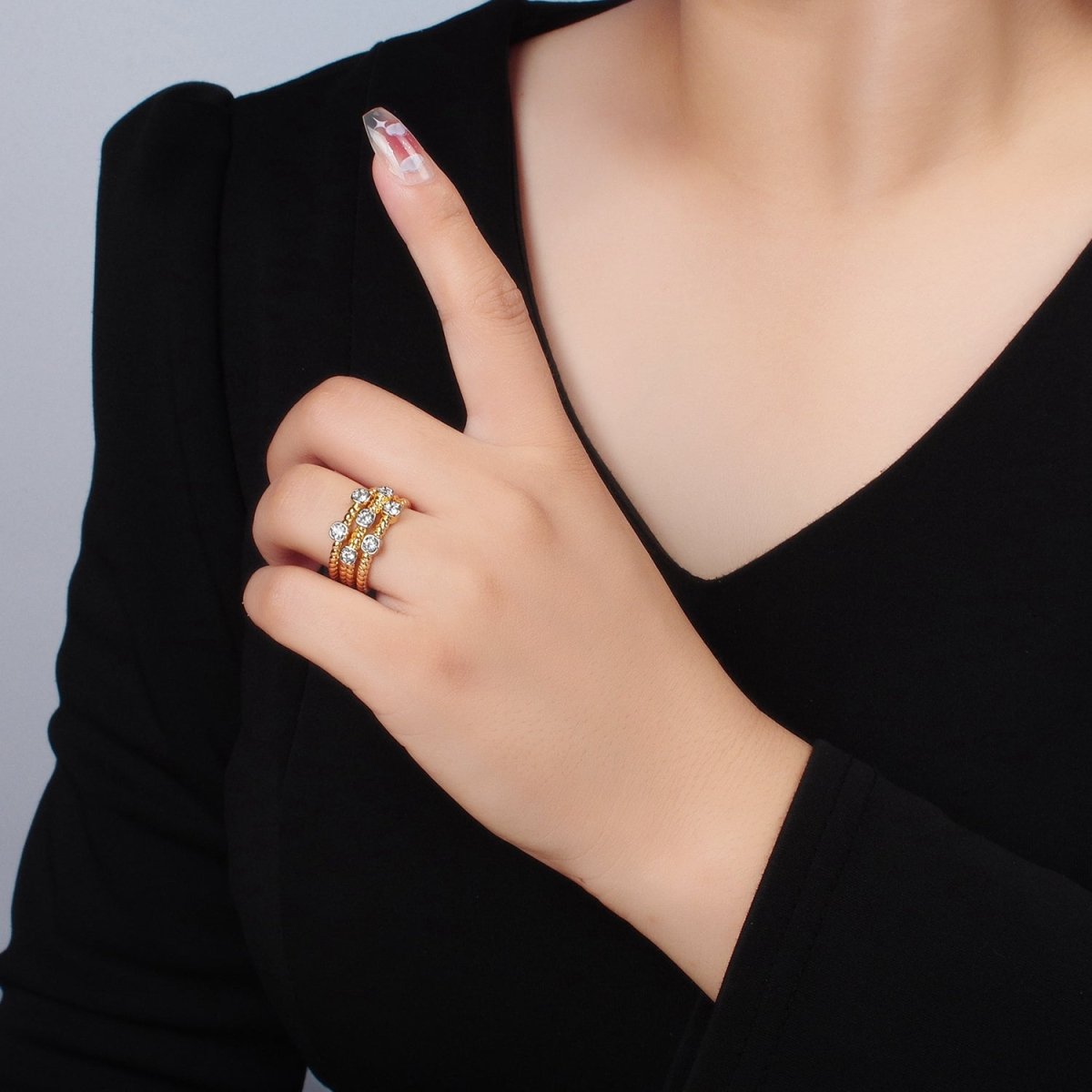 24K Gold Filled Multiple CZ Croissant Band Mixed Metal Ring |O990