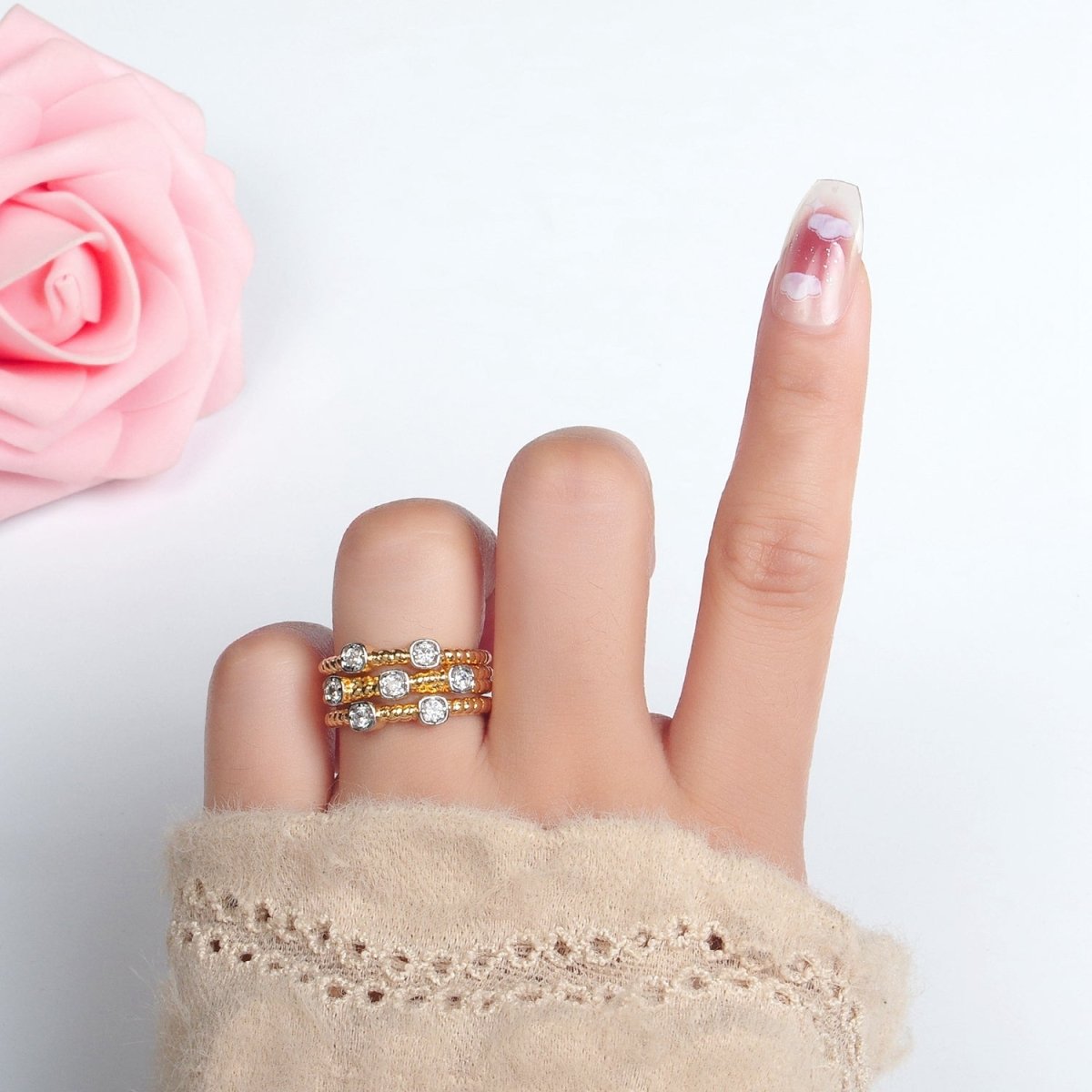 24K Gold Filled Multiple CZ Croissant Band Mixed Metal Ring |O990