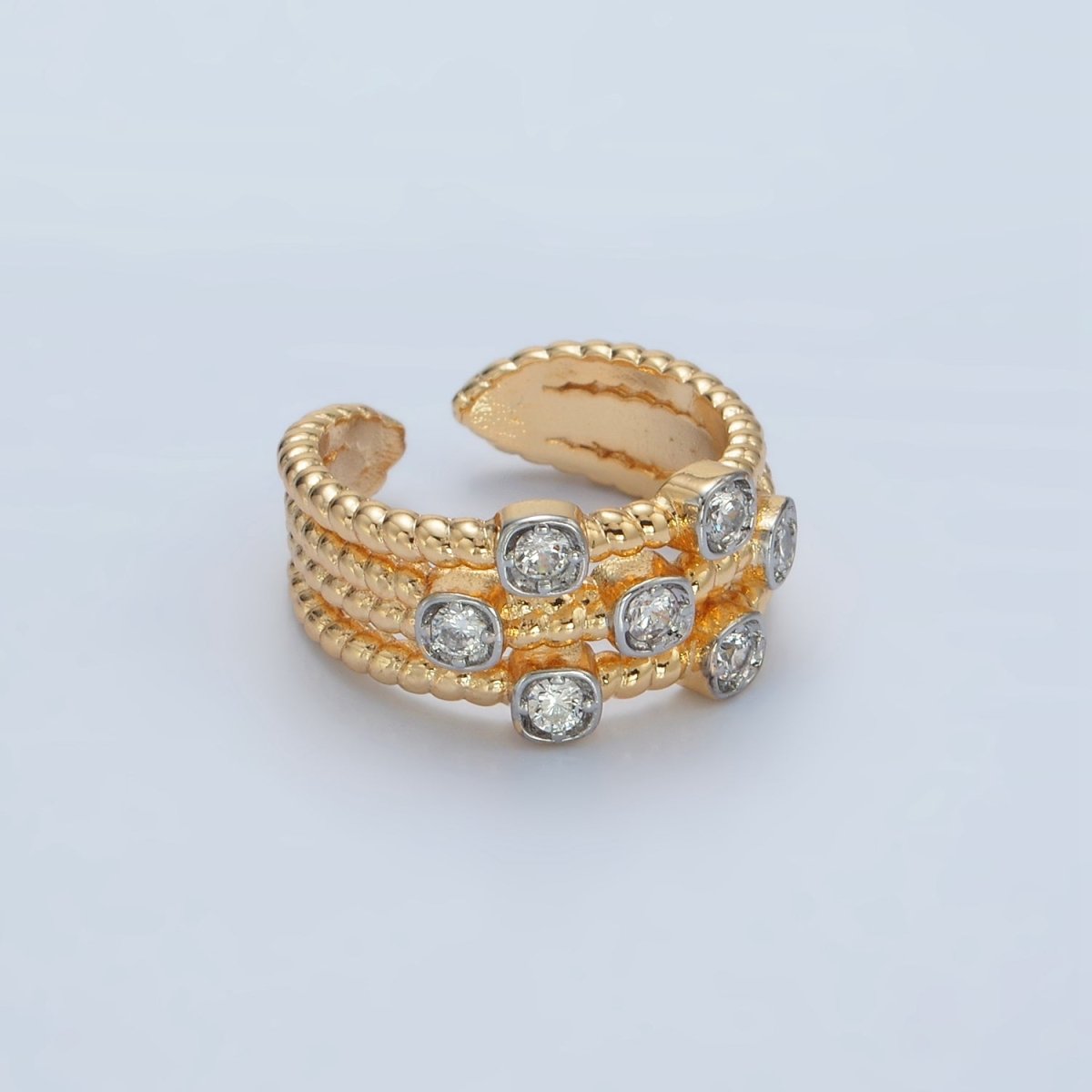 24K Gold Filled Multiple CZ Croissant Band Mixed Metal Ring |O990