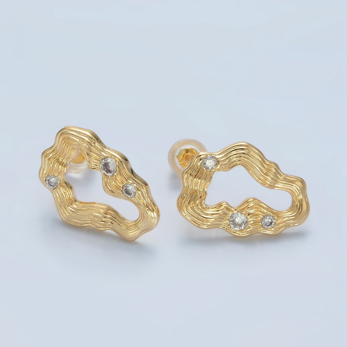 24K Gold Filled Multiple CZ Wavy Band Open Abstract Stud Earrings | AD744
