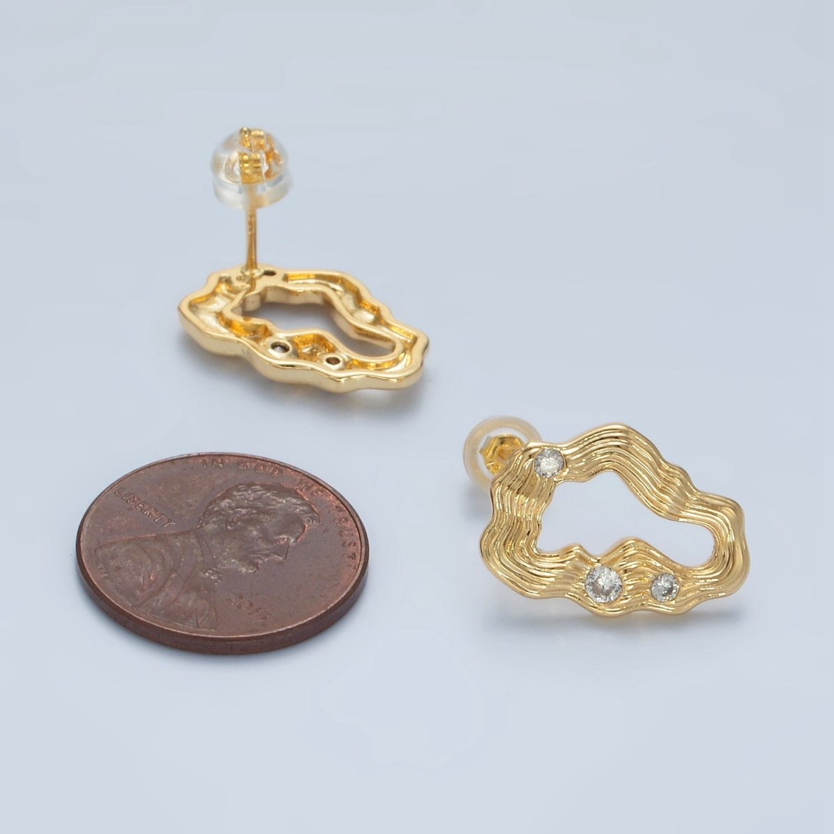 24K Gold Filled Multiple CZ Wavy Band Open Abstract Stud Earrings | AD744