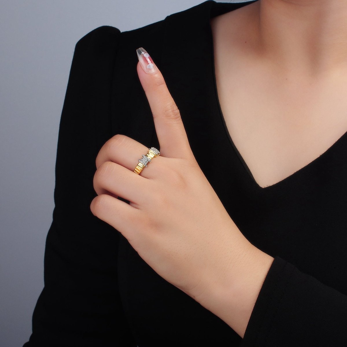 24K Gold Filled Multiple Micro Paved CZ Bar Band Ring | O1402