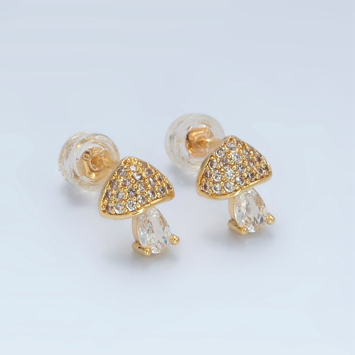 24K Gold Filled Mushroom Clear CZ Teardrop Micro Paved Stud Earrings | AB1241
