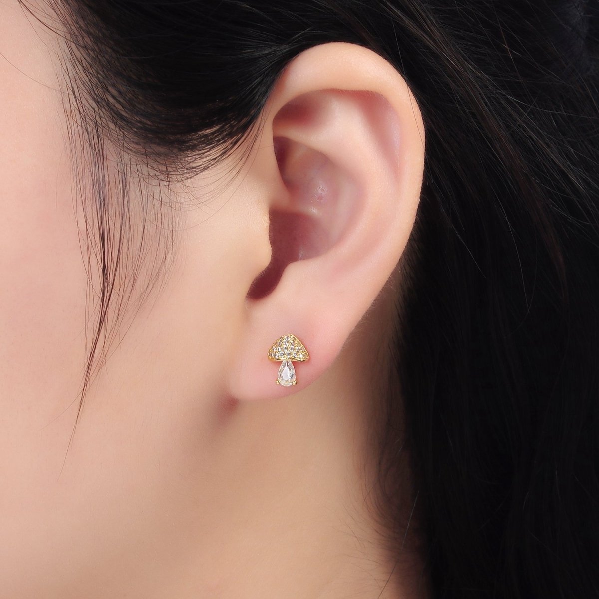 24K Gold Filled Mushroom Clear CZ Teardrop Micro Paved Stud Earrings | AB1241