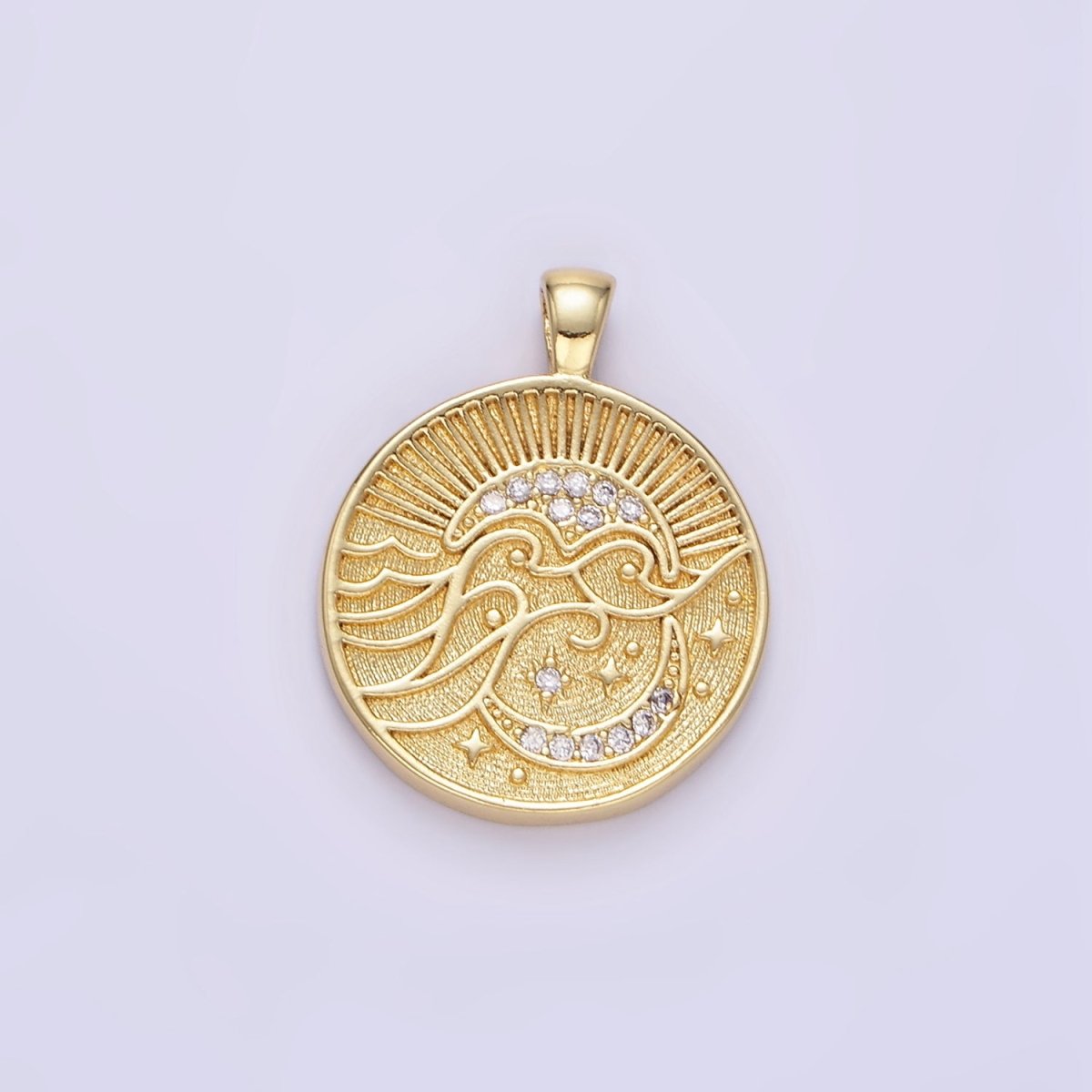 24K Gold Filled Ocean Waves  Celestial Moon Micro Paved CZ Round Pendant | AA1354