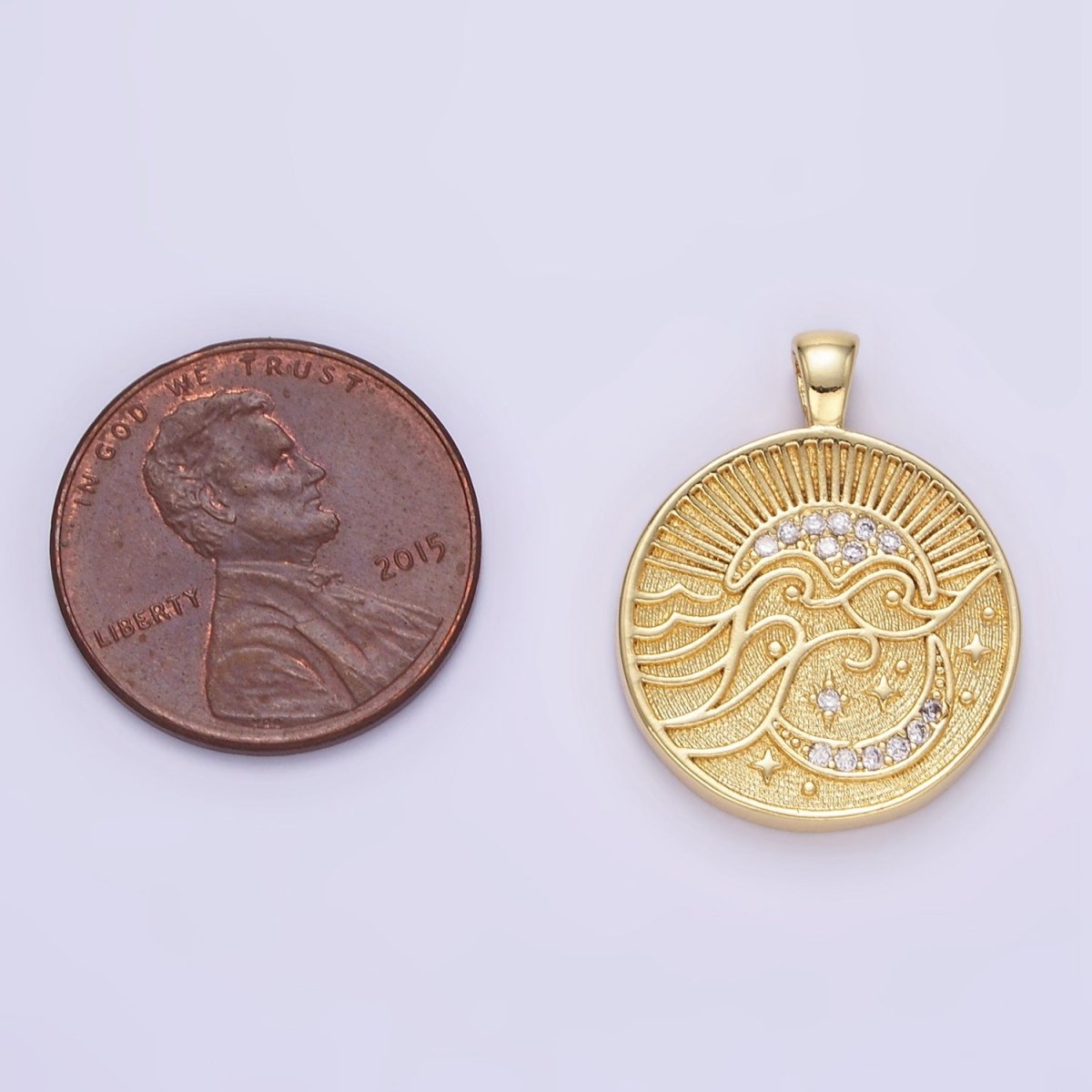 24K Gold Filled Ocean Waves  Celestial Moon Micro Paved CZ Round Pendant | AA1354