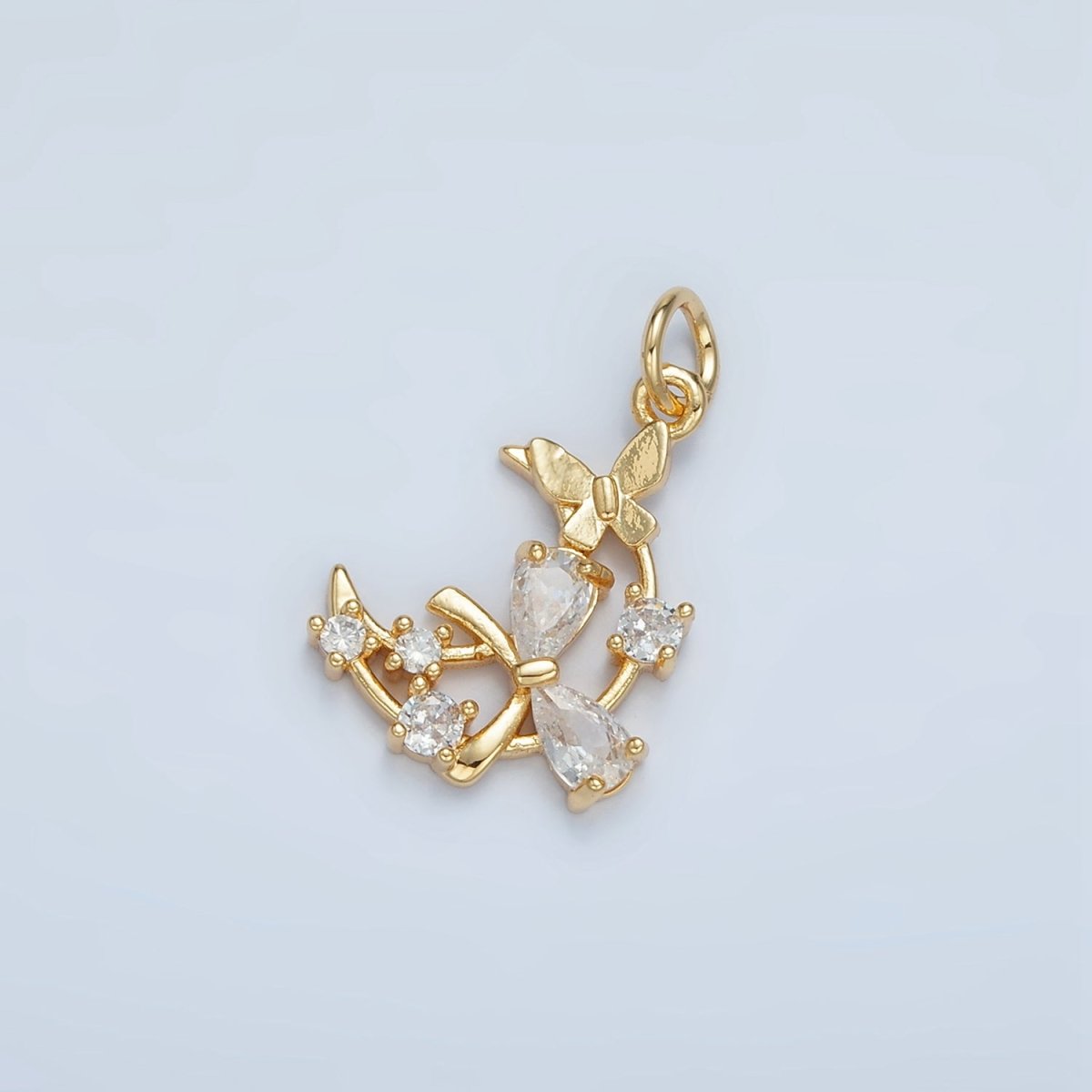 24K Gold Filled Open Celestial Crescent Moon Ribbon Bow Butterfly CZ Charm | N1411