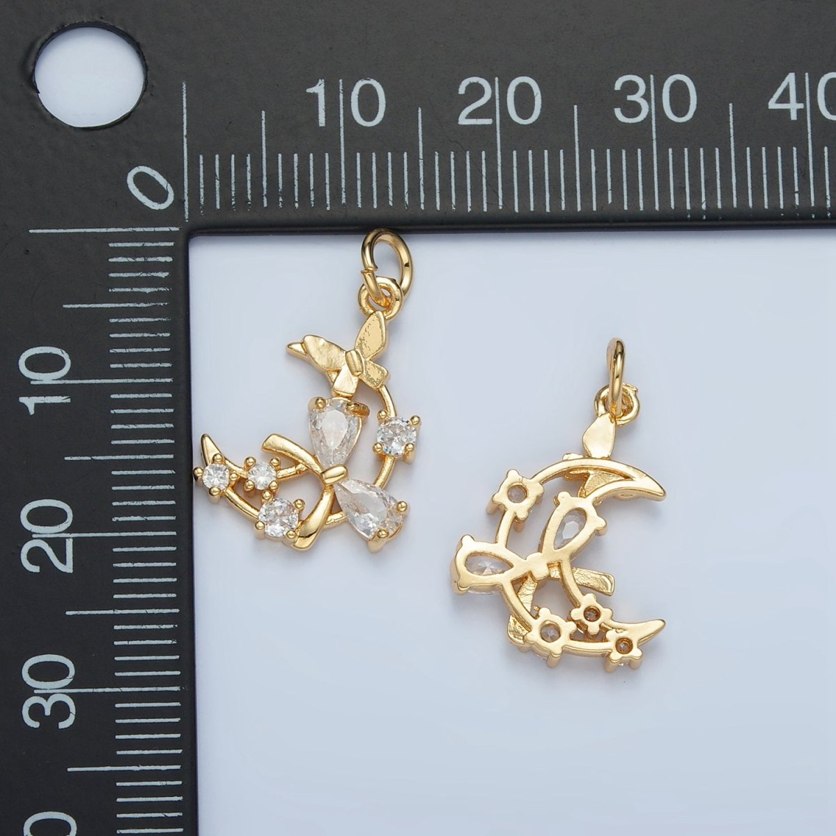 24K Gold Filled Open Celestial Crescent Moon Ribbon Bow Butterfly CZ Charm | N1411