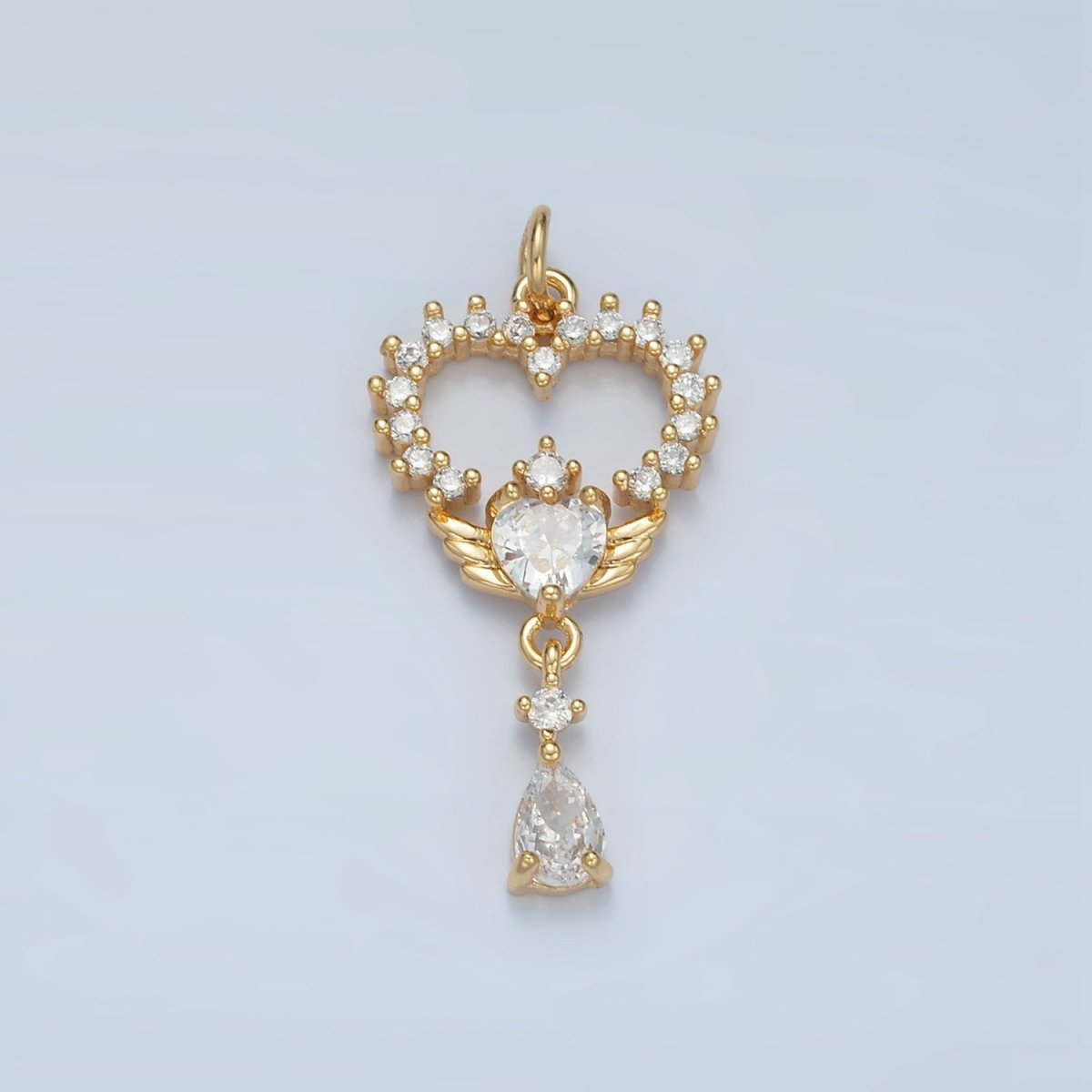 24K Gold Filled Open Clear CZ Heart Wings Teardrop Drop Charm | E689