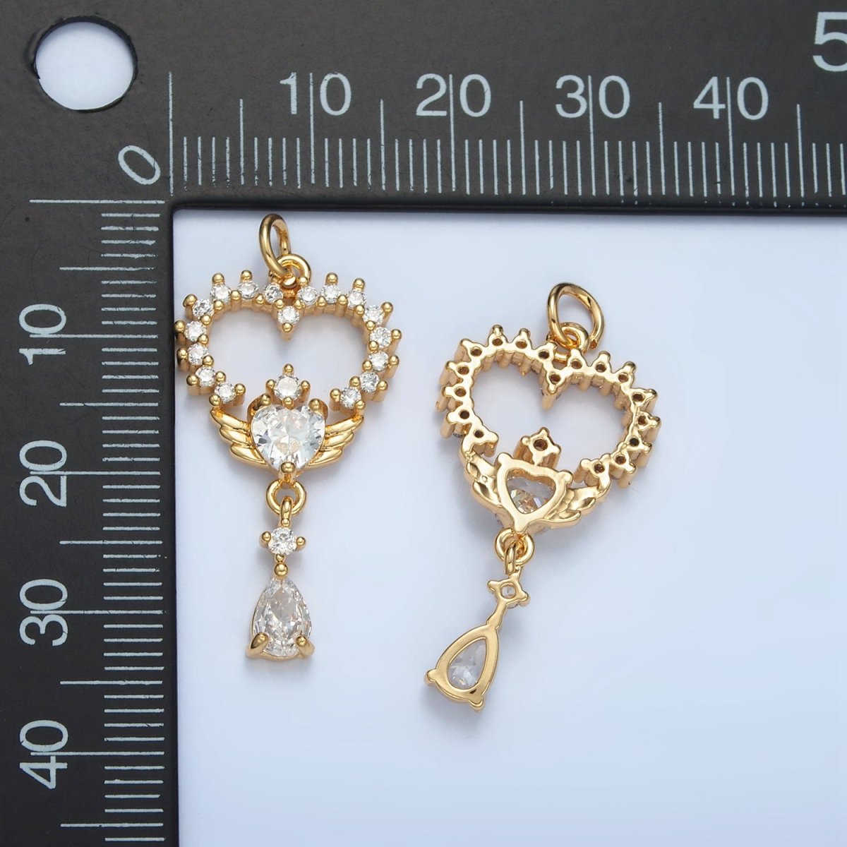 24K Gold Filled Open Clear CZ Heart Wings Teardrop Drop Charm | E689