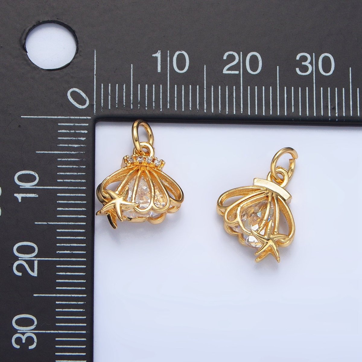24K Gold Filled Open Clear CZ Starfish Sea Clam Shell Mini Charm | X741