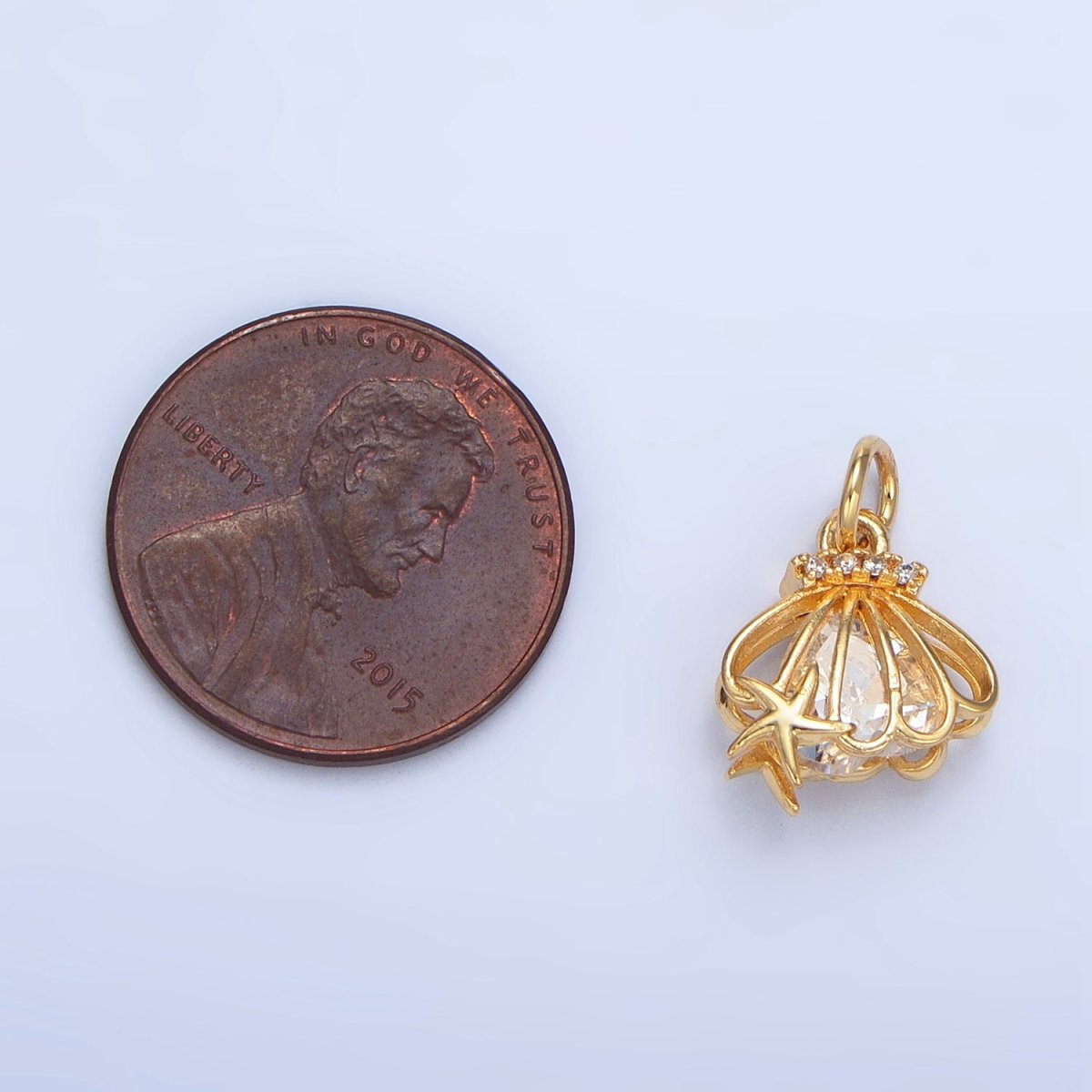 24K Gold Filled Open Clear CZ Starfish Sea Clam Shell Mini Charm | X741