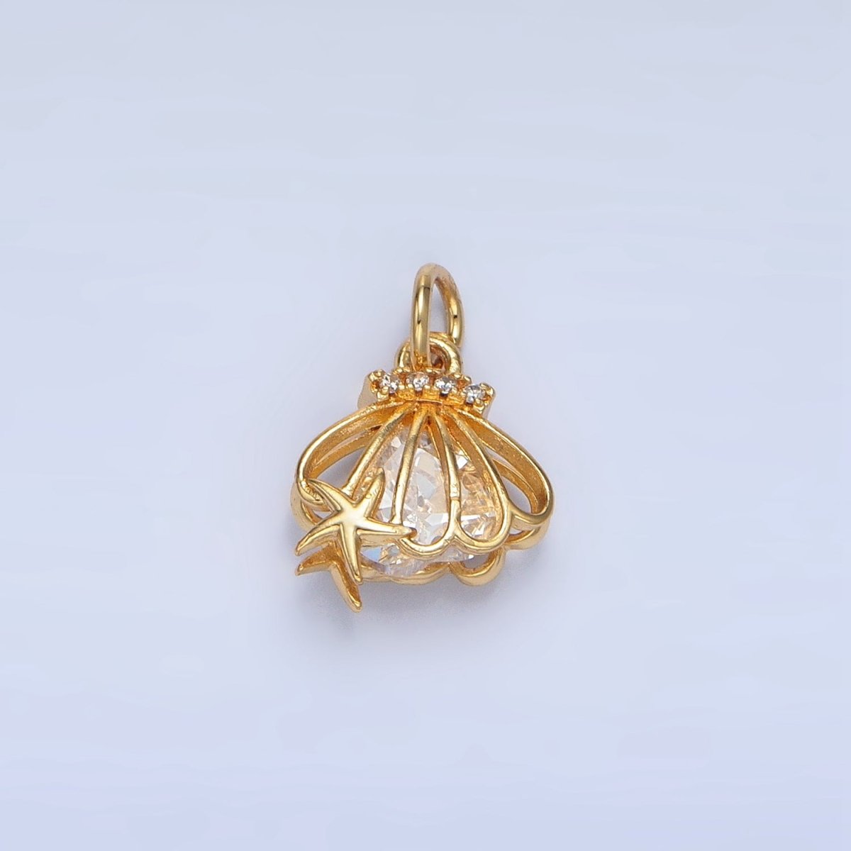 24K Gold Filled Open Clear CZ Starfish Sea Clam Shell Mini Charm | X741