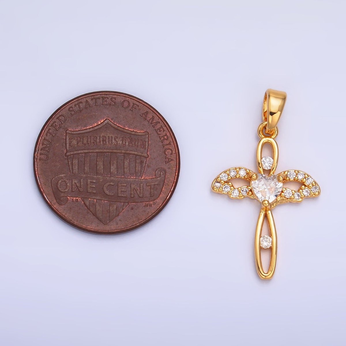 24K Gold Filled Open Heart Wings Micro Paved CZ Cross Pendant | AA1074