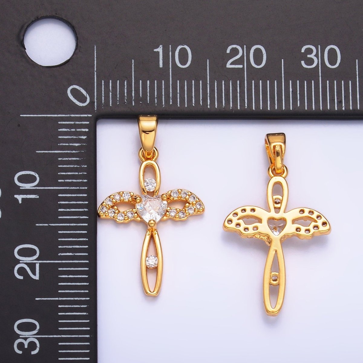 24K Gold Filled Open Heart Wings Micro Paved CZ Cross Pendant | AA1074