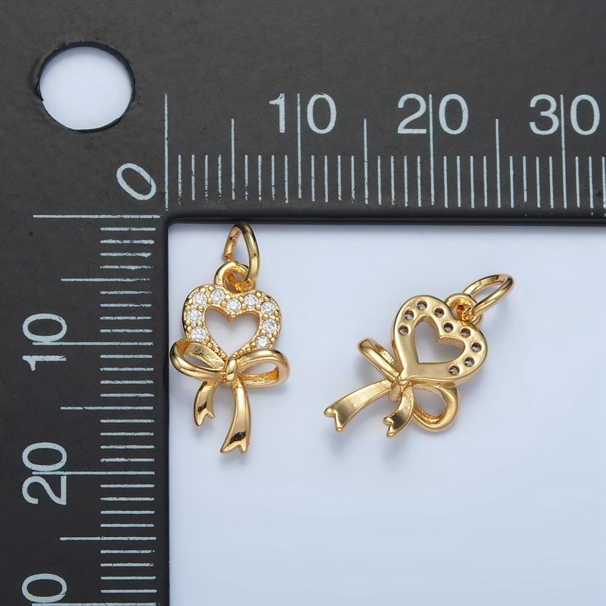 24K Gold Filled Open Micro Paved CZ Heart Bow Ribbon Drop Charm | E906