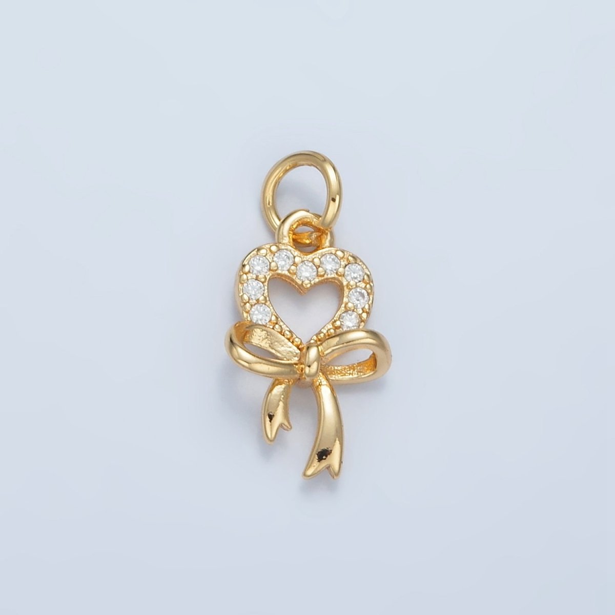 24K Gold Filled Open Micro Paved CZ Heart Bow Ribbon Drop Charm | E906