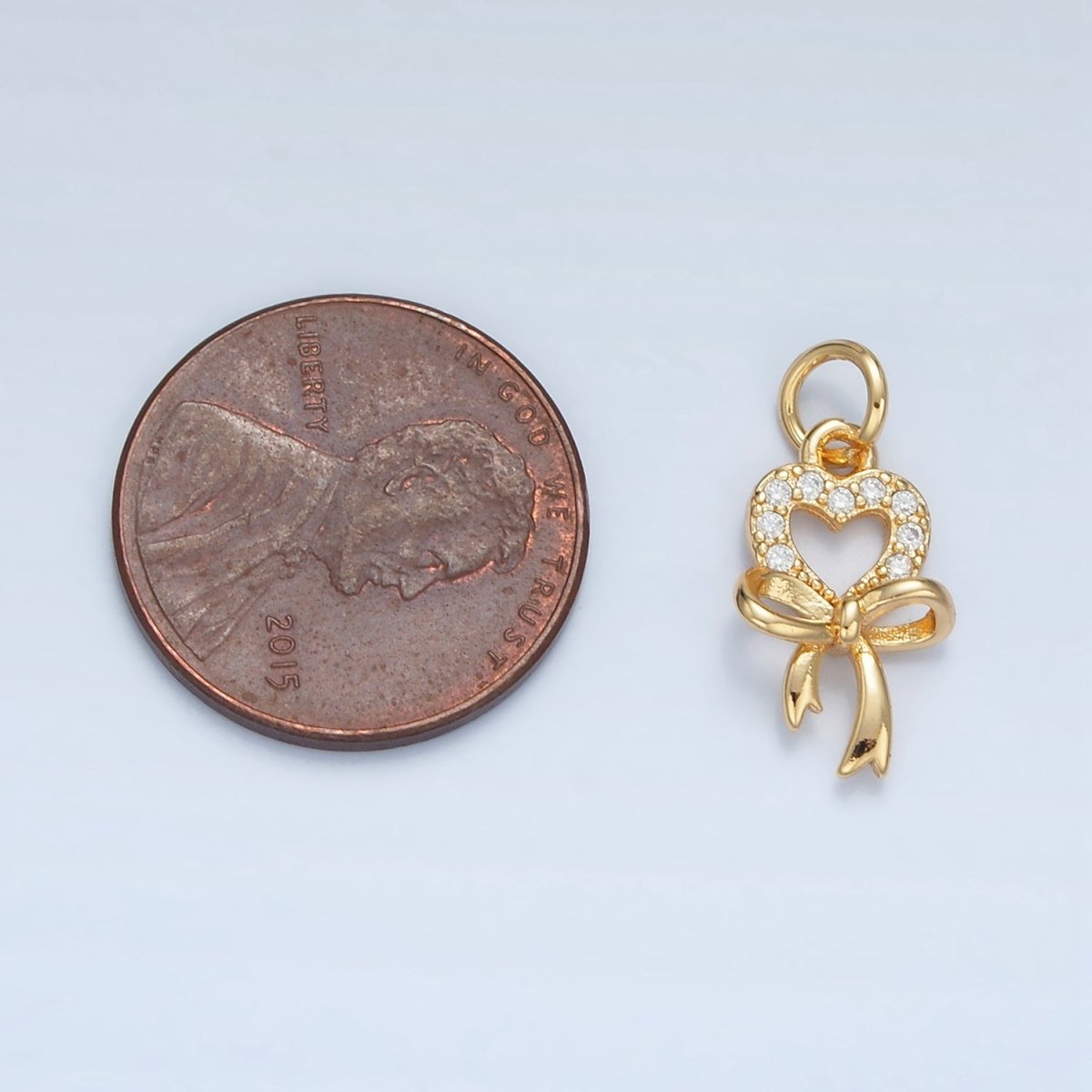 24K Gold Filled Open Micro Paved CZ Heart Bow Ribbon Drop Charm | E906