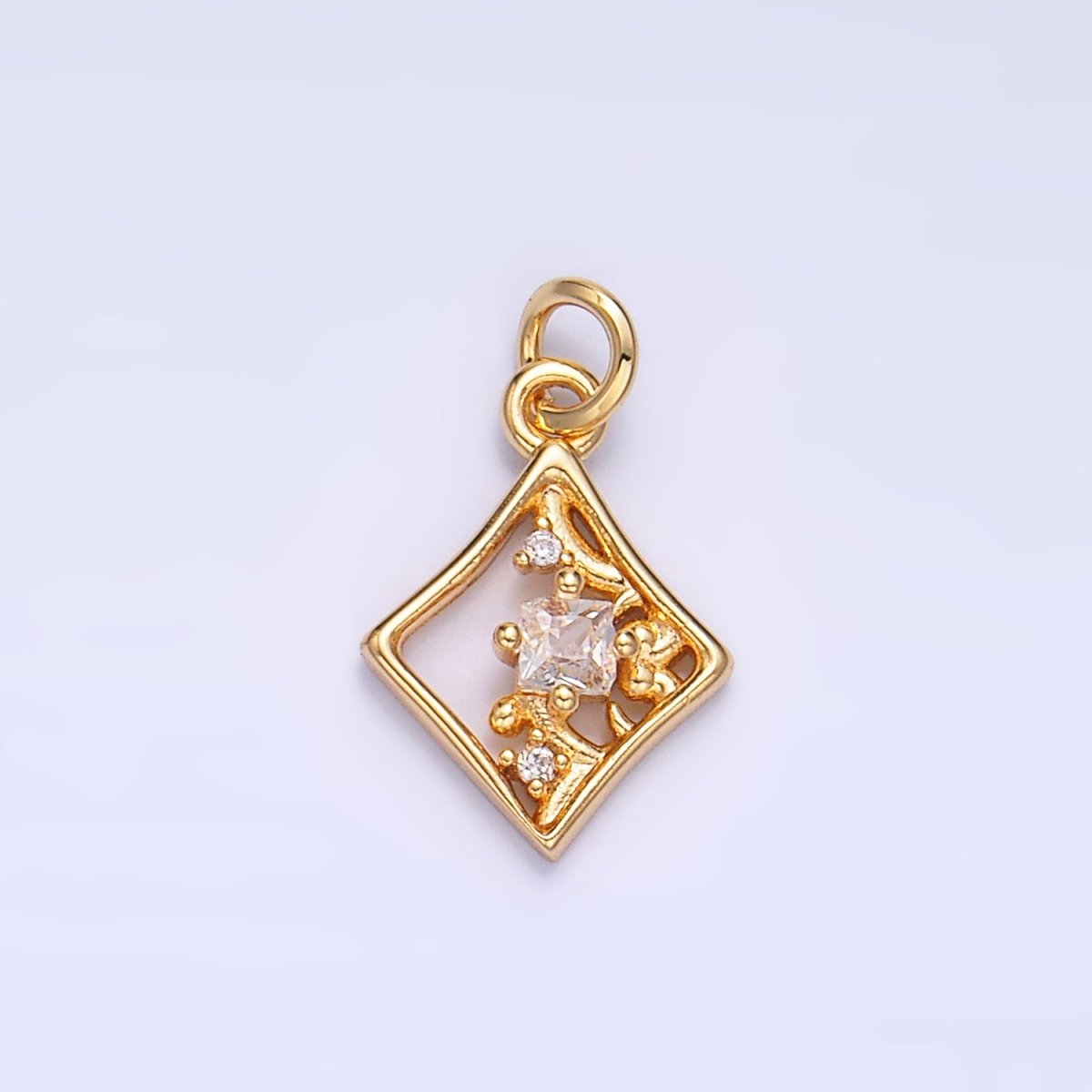 24K Gold Filled Open Rhombus CZ Artisan Diamond Card Charm | W211