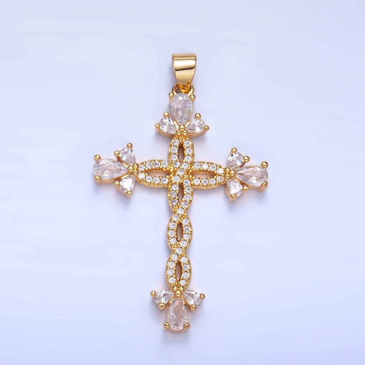 24K Gold Filled Open Twisted Micro Paved Cross Pendant | AA984