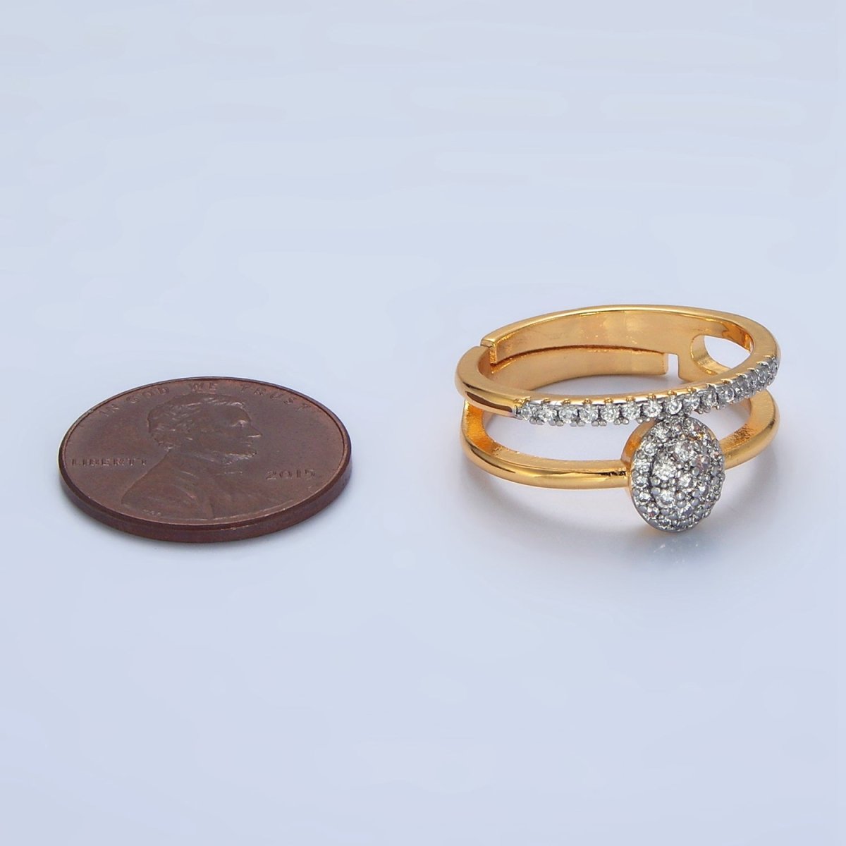 24K Gold Filled Oval Micro Paved CZ Double Band Mixed Metal Ring | O1426