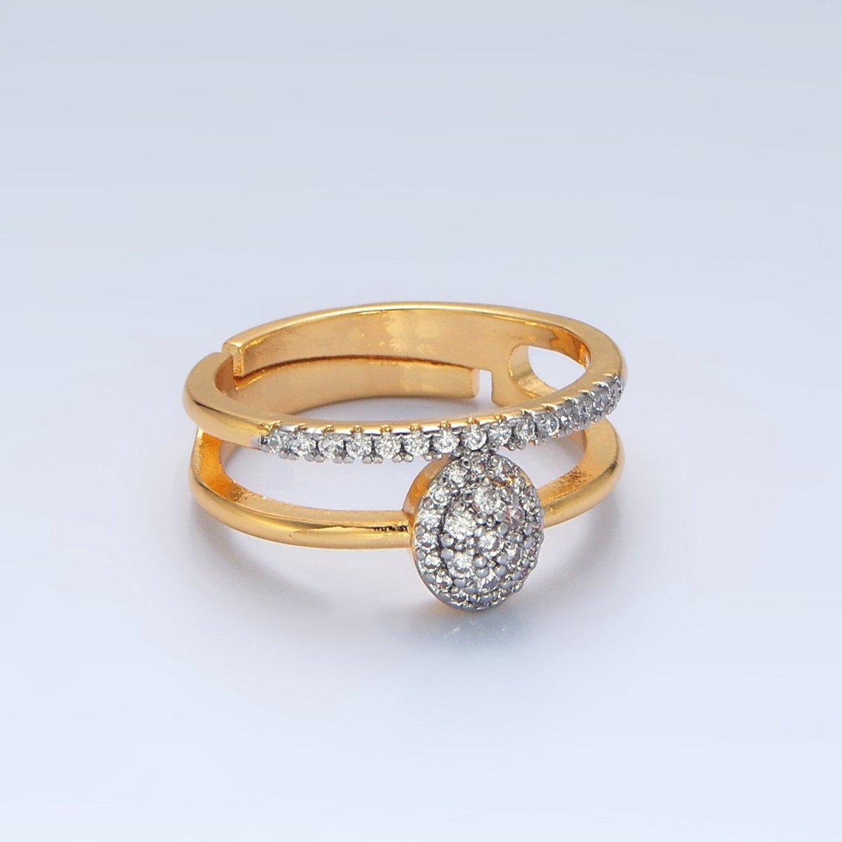 24K Gold Filled Oval Micro Paved CZ Double Band Mixed Metal Ring | O1426