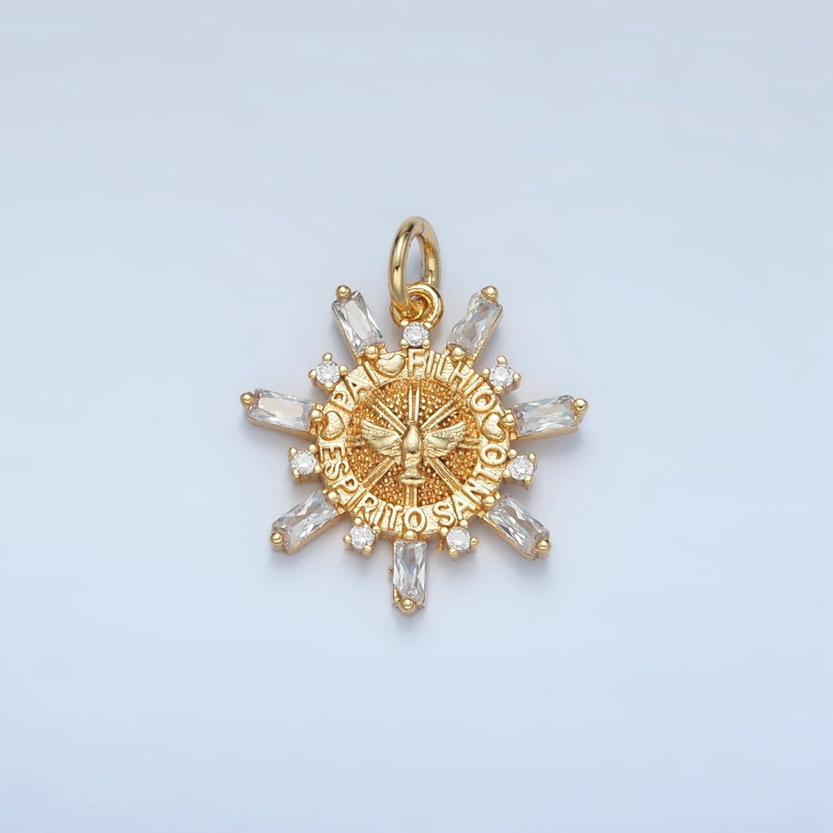 24K Gold Filled "Pai, Filho, Espirito Santo" Script Dove Baguette Sun Charm | E227