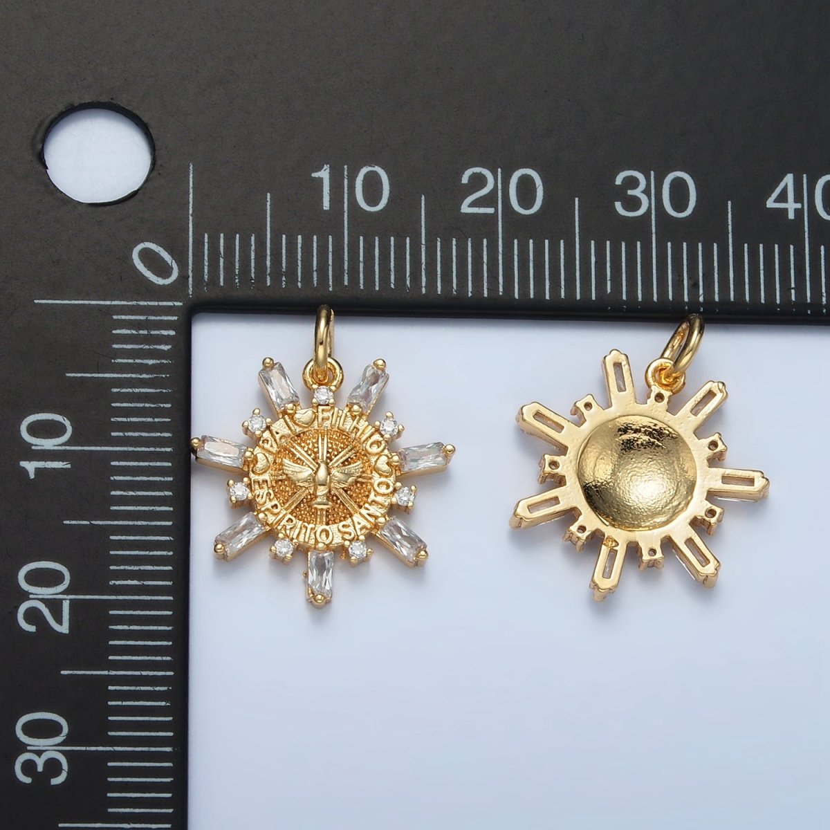 24K Gold Filled "Pai, Filho, Espirito Santo" Script Dove Baguette Sun Charm | E227