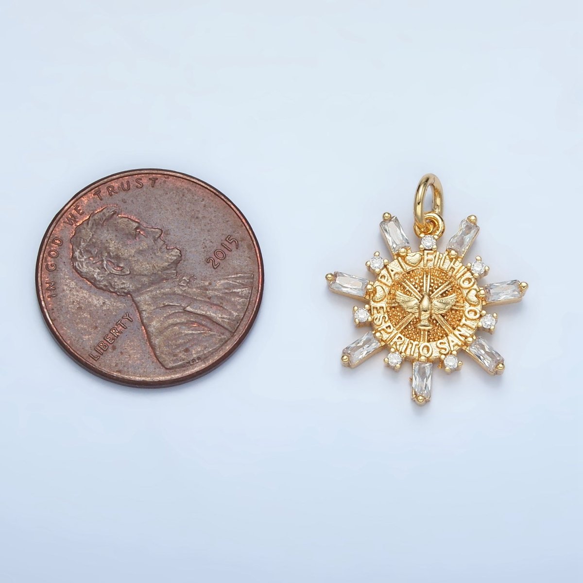 24K Gold Filled "Pai, Filho, Espirito Santo" Script Dove Baguette Sun Charm | E227