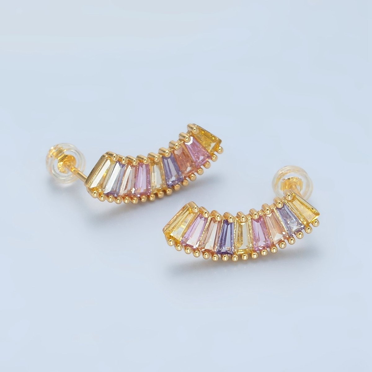 24K Gold Filled Pastel Multicolor Baguette Curved Stud Earrings | AD746
