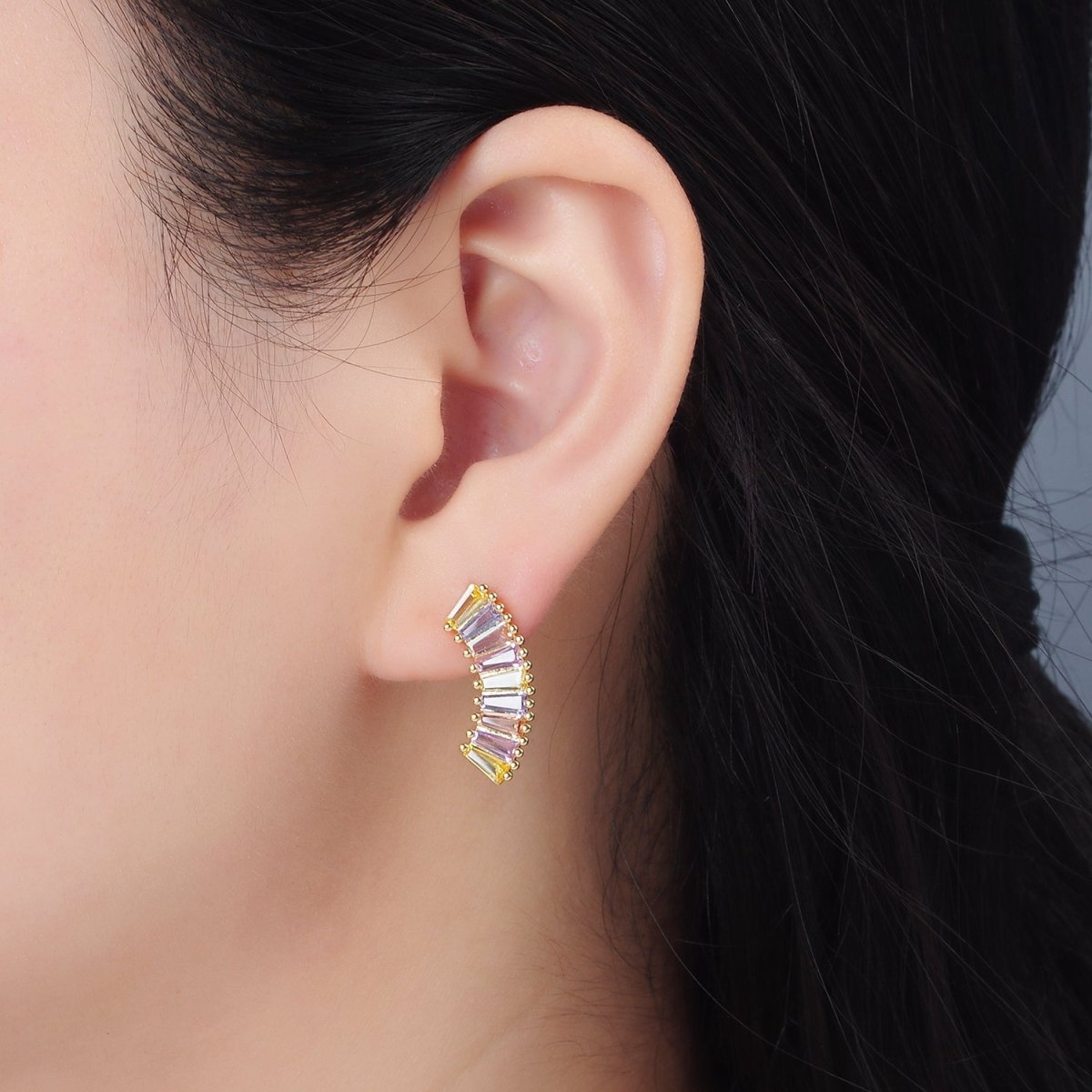 24K Gold Filled Pastel Multicolor Baguette Curved Stud Earrings | AD746