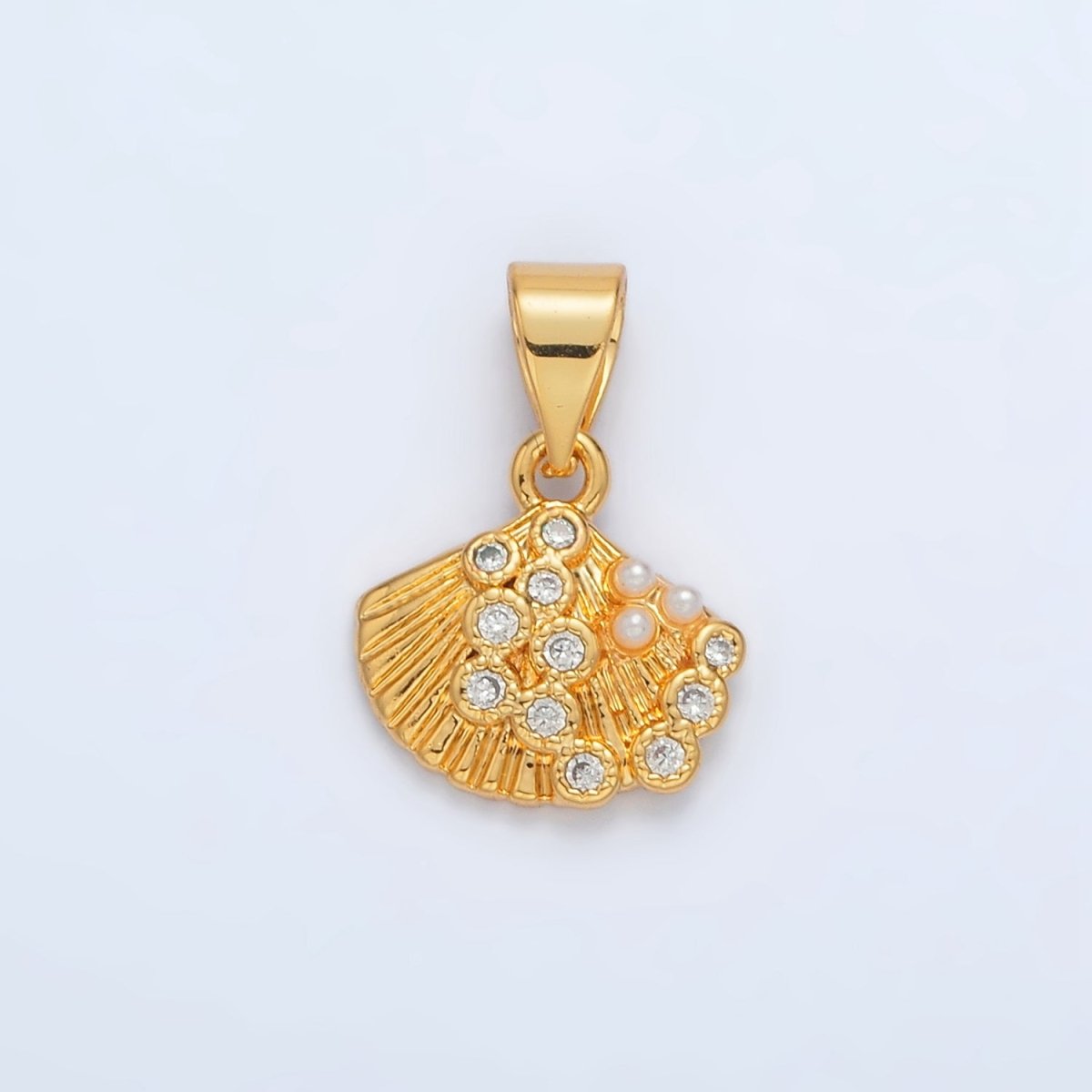 24K Gold Filled Pearl CZ Dotted Clam Sea Shell Pendant in Gold & Silver | I718