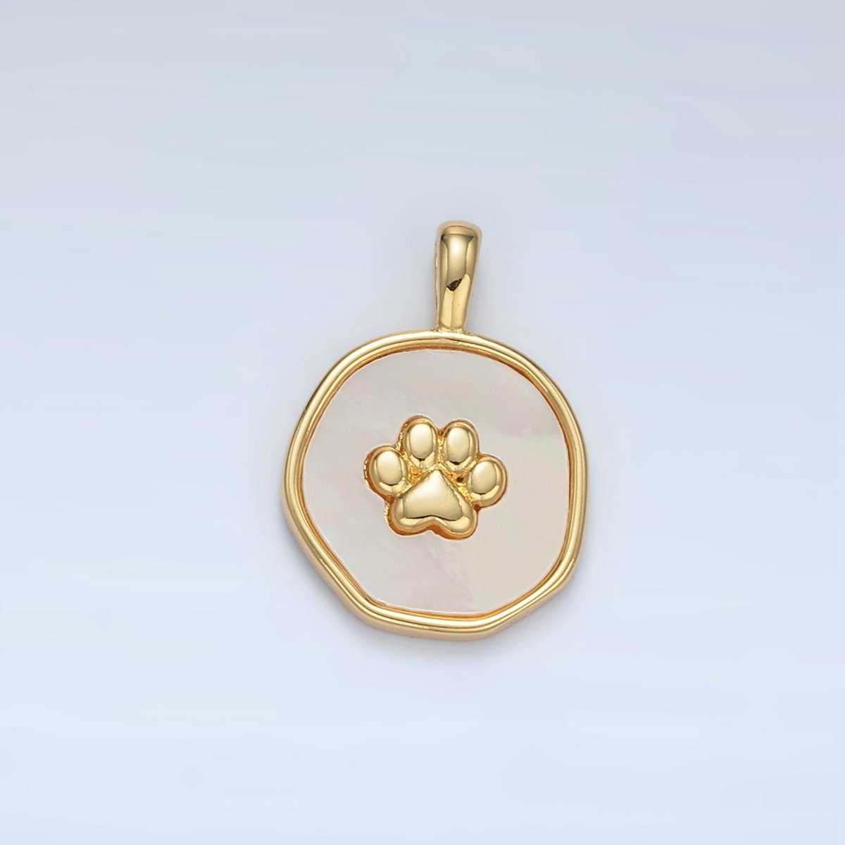24K Gold Filled Pet Paw Print Shell Pearl Stamped Round Pendant | AA1371
